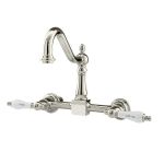 Wall Mounted Bridge Kitchen Faucet with Porcelain Lever Handles - 7 Inch Spout Reach