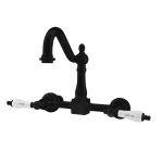Wall Mounted Bridge Kitchen Faucet with Porcelain Lever Handles - 7 Inch Spout Reach