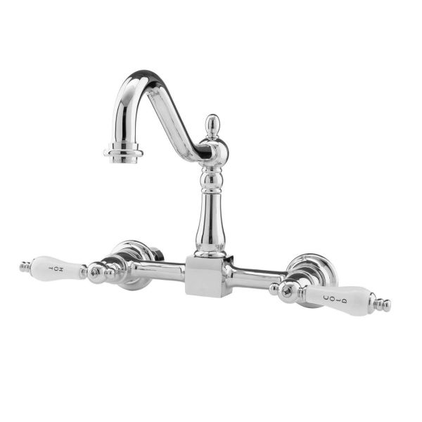 Wall Mounted Bridge Kitchen Faucet with Porcelain Lever Handles - 7 Inch Spout Reach
