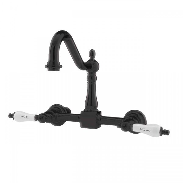 Wall Mounted Bridge Kitchen Faucet with Porcelain Lever Handles - 7 Inch Spout Reach